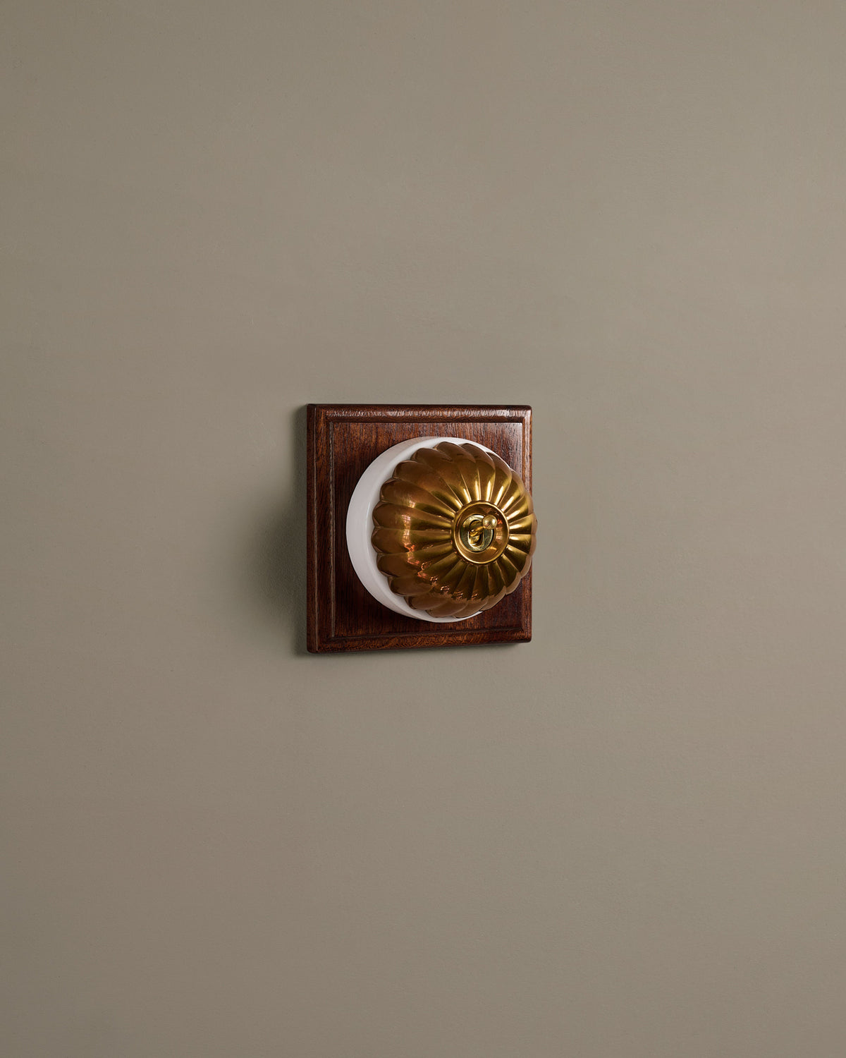 The Jelly Toggle Switch (1 Gang & Mahogany Finish Pattress) - Heirloom Brass with White Base. TEST