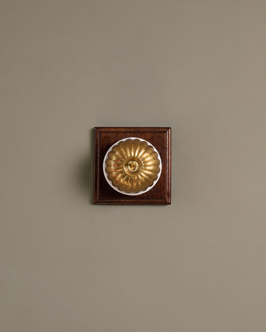The Jelly Toggle Switch (1 Gang & Mahogany Finish Pattress) - Aged Brass with White Base.