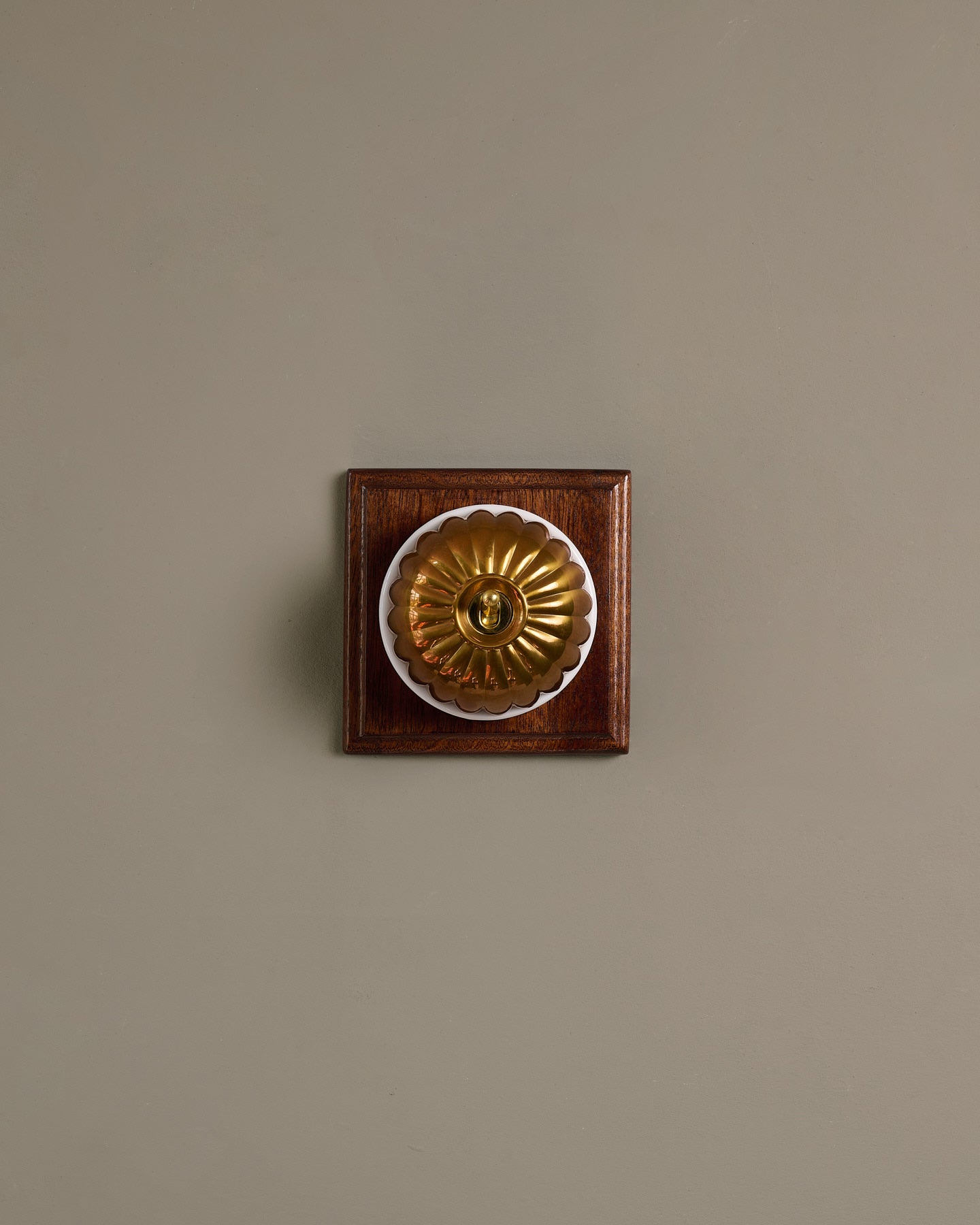 The Jelly Toggle Switch (1 Gang & Mahogany Finish Pattress) - Heirloom Brass with White Base.