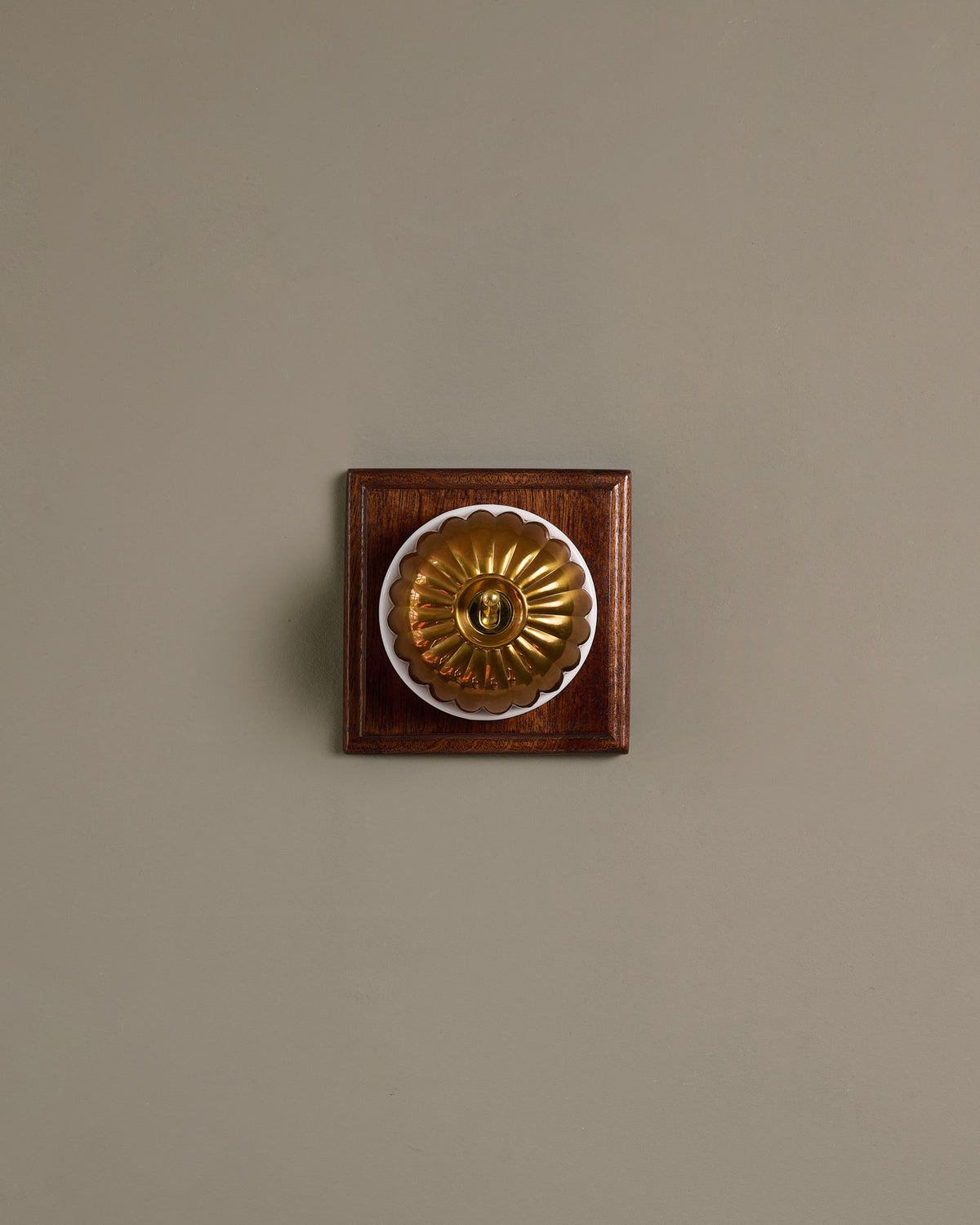The Jelly Toggle Switch (1 Gang & Mahogany Finish Pattress) - Heirloom Brass with White Base. TEST