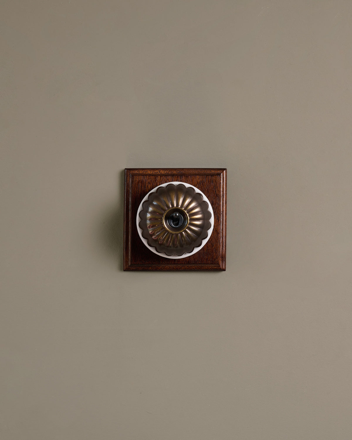 The Jelly Toggle Switch (1 Gang & Mahogany Finish Pattress) - Oxidised Brass with White Base. TEST
