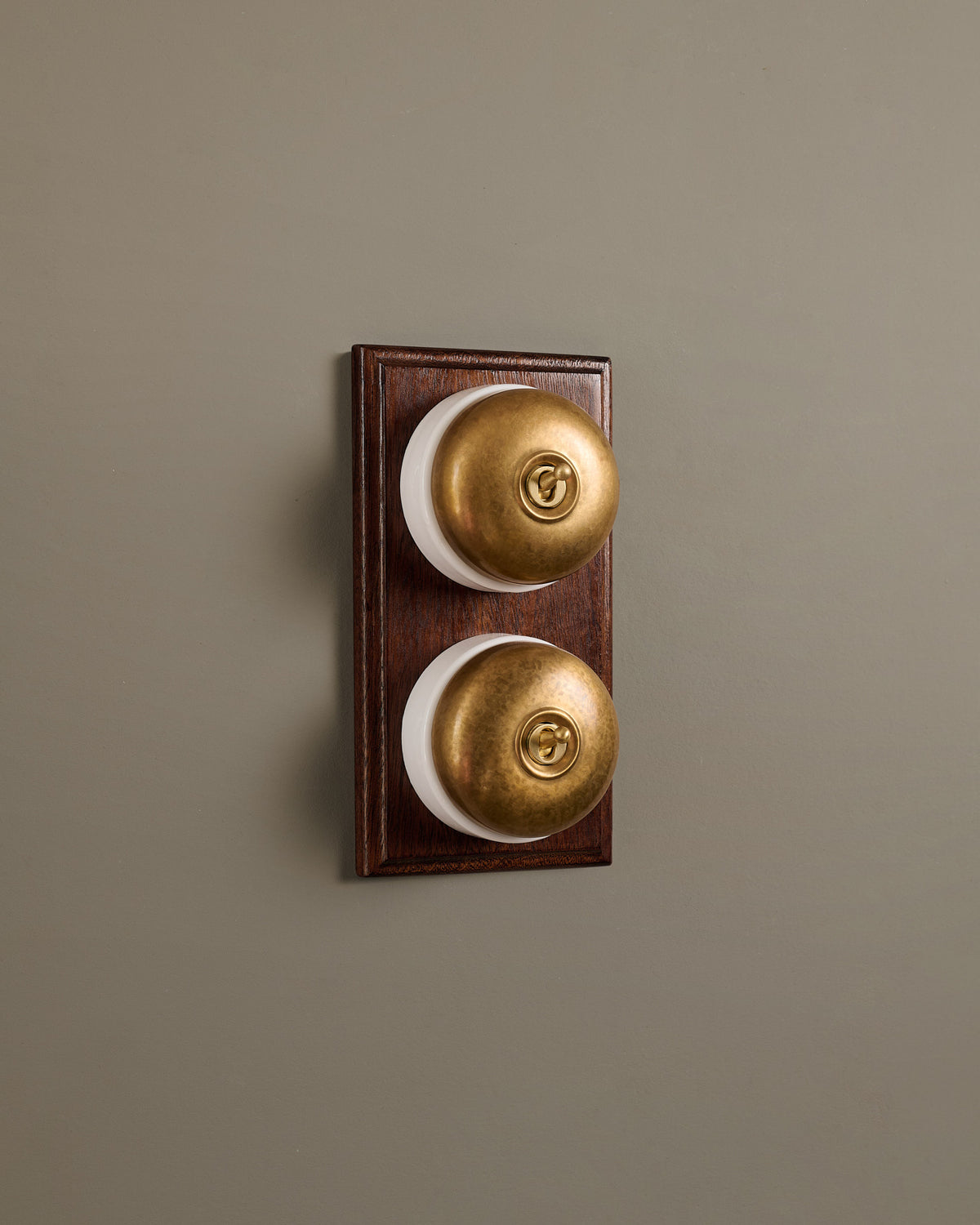 The Dolly Toggle Switch (2 Gang & Mahogany Finish Pattress) - Aged Brass with White Base. TEST