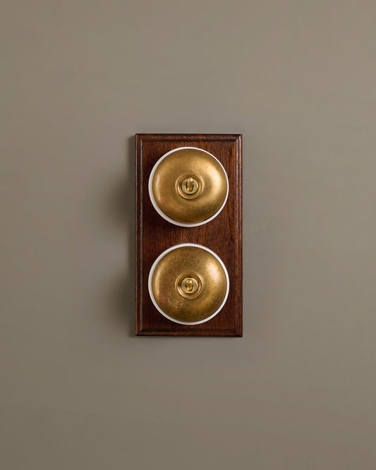 The Dolly Toggle Switch (2 Gang & Mahogany Finish Pattress) - Aged Brass with White Base.