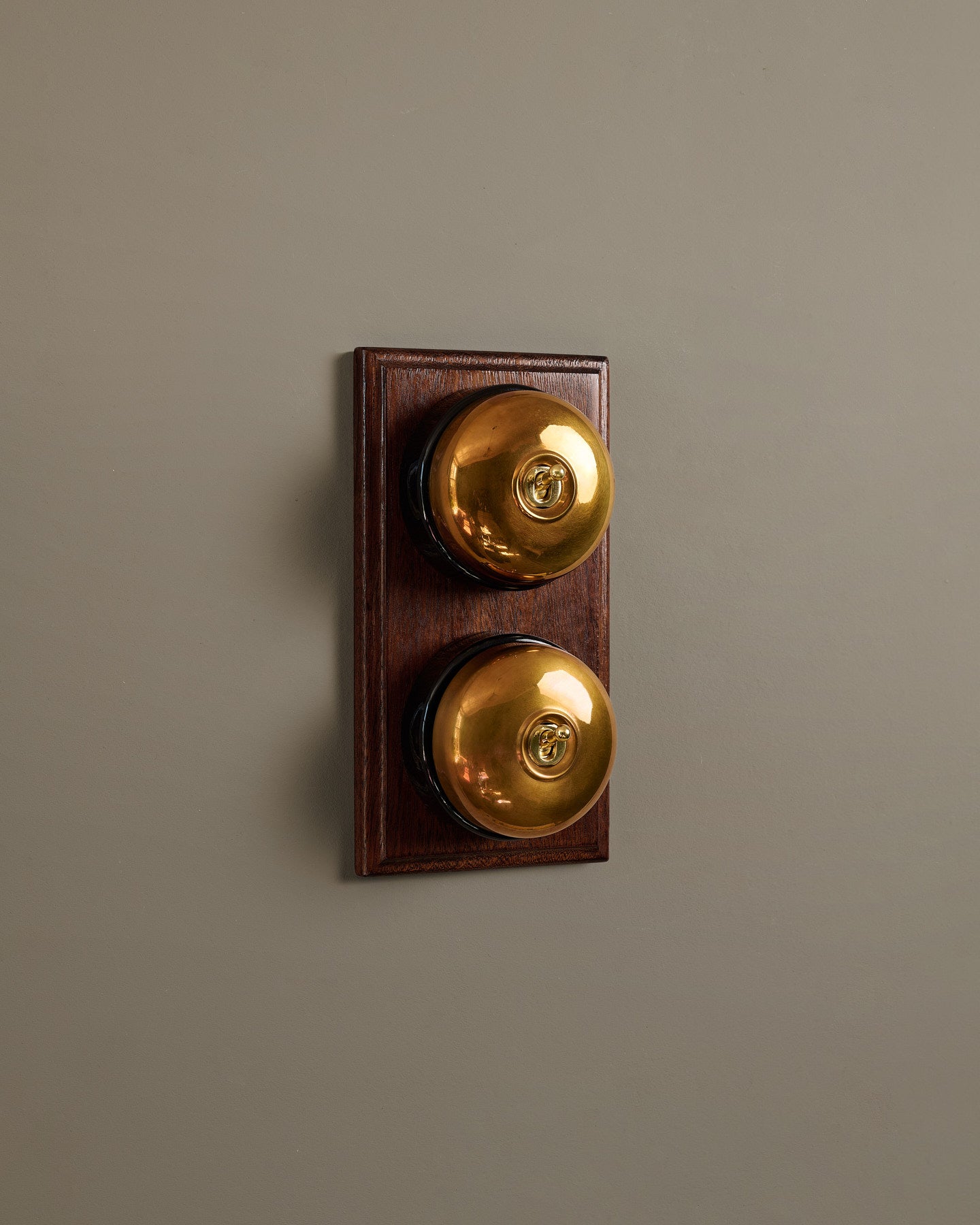 The Dolly Toggle Switch (2 Gang & Mahogany Finish Pattress) - Heirloom Brass with Black Base.