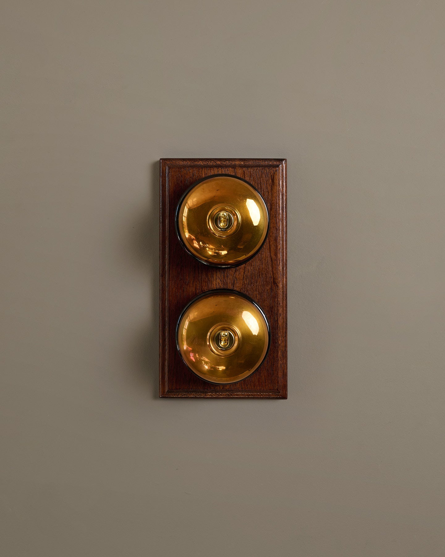 The Dolly Toggle Switch (2 Gang & Mahogany Finish Pattress) - Heirloom Brass with Black Base.
