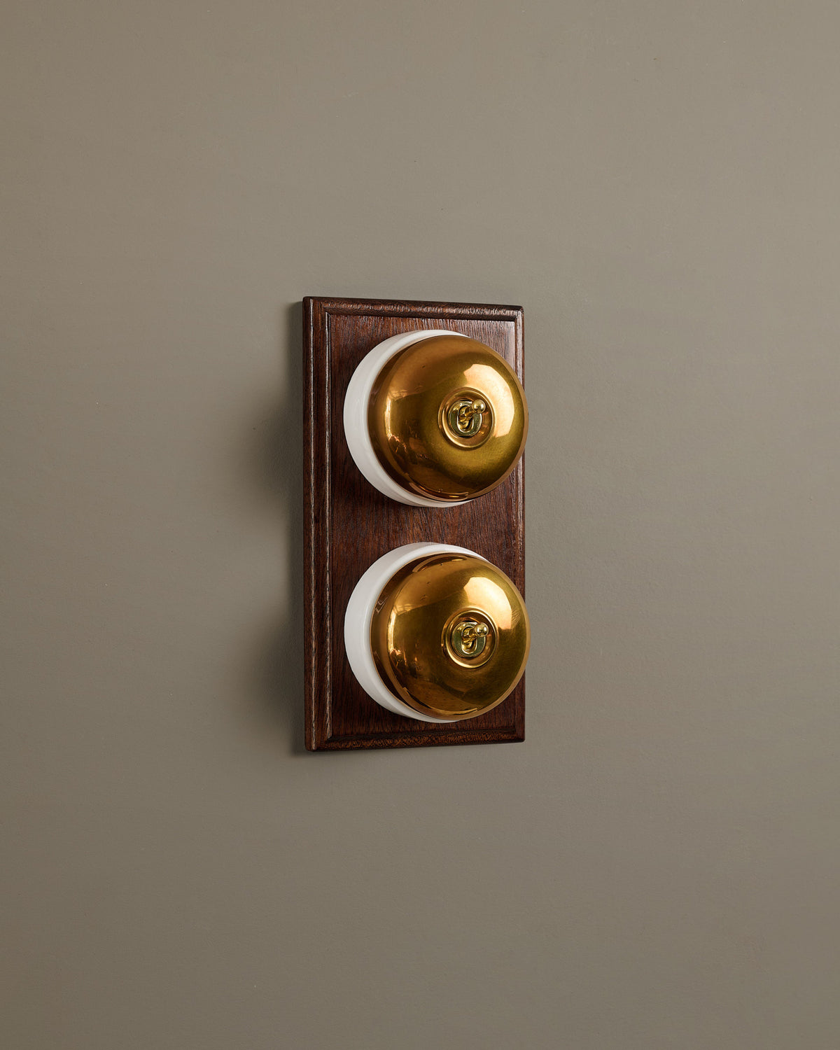 The Dolly Toggle Switch (2 Gang & Mahogany Finish Pattress) - Heirloom Brass with White Base. TEST