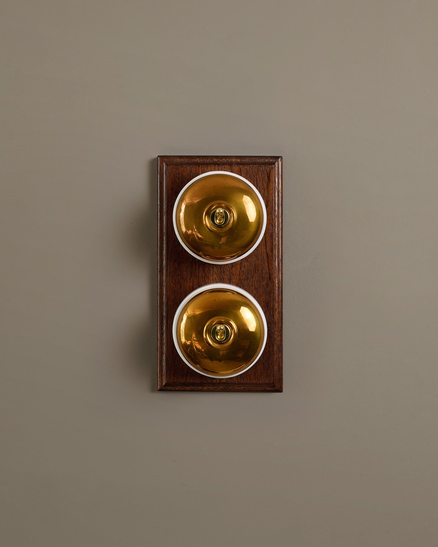 The Dolly Toggle Switch (2 Gang & Mahogany Finish Pattress) - Heirloom Brass with White Base.