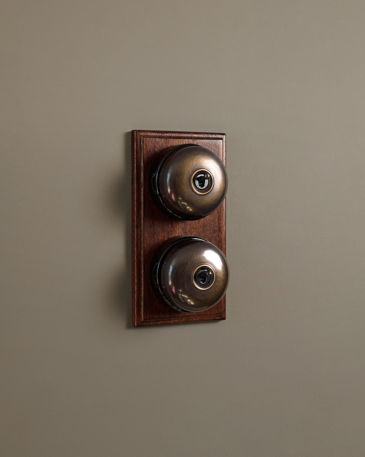The Dolly Toggle Switch (2 Gang & Mahogany Finish Pattress) - Oxidised Brass with Black Base. TEST
