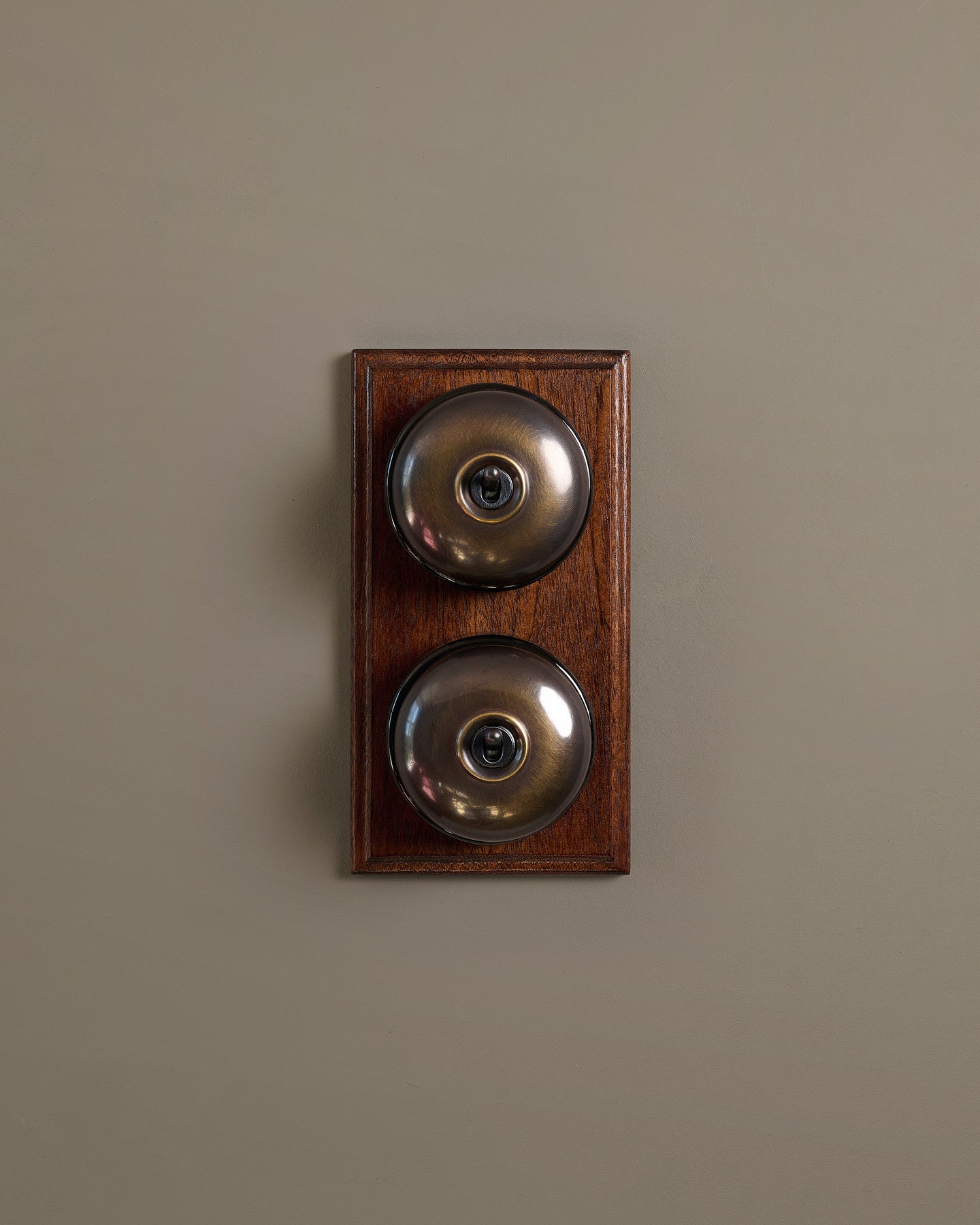 The Dolly Toggle Switch (2 Gang & Mahogany Finish Pattress) - Oxidised Brass with Black Base.