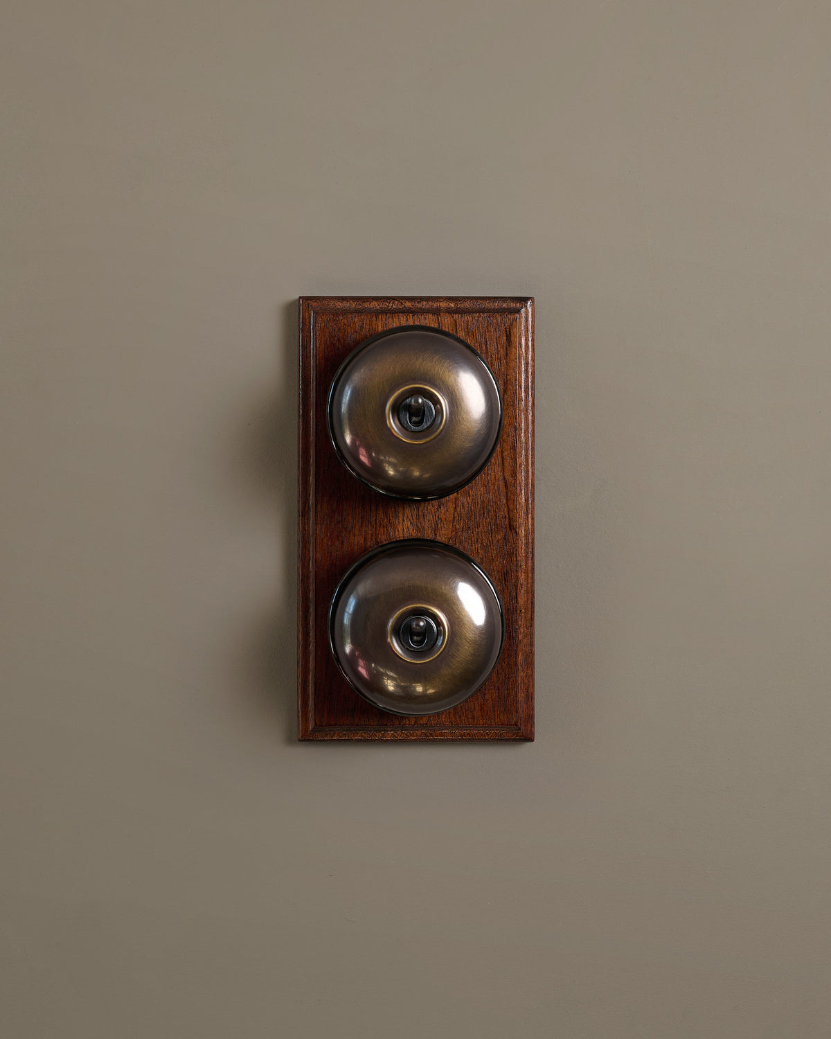 The Dolly Toggle Switch (2 Gang & Mahogany Finish Pattress) - Oxidised Brass with Black Base. TEST