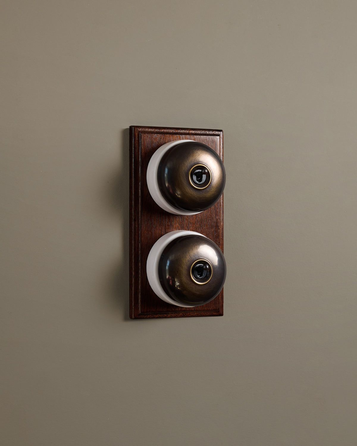 The Dolly Toggle Switch (2 Gang & Mahogany Finish Pattress) - Oxidised Brass with White Base. TEST