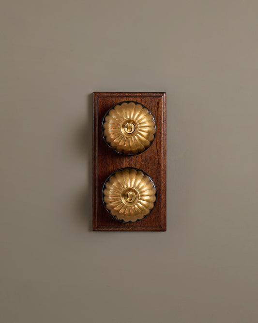 The Jelly Toggle Switch (2 Gang & Mahogany Finish Pattress) - Aged Brass with Black Base.