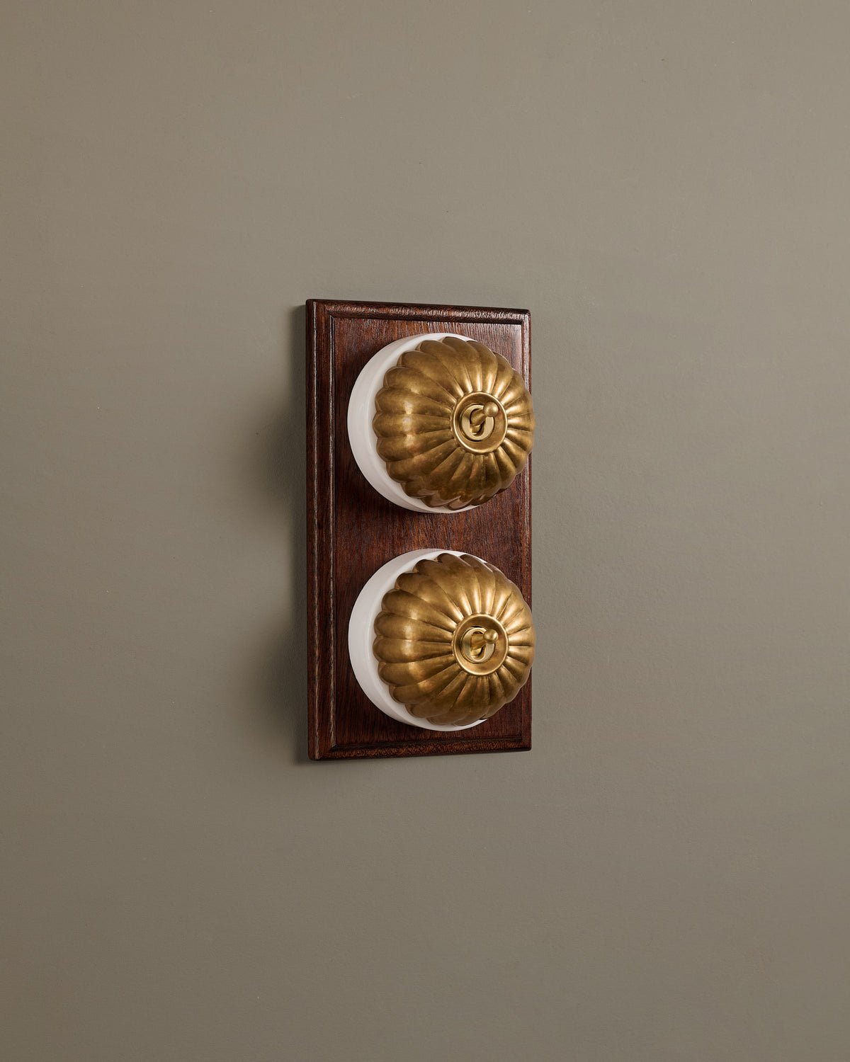 The Jelly Toggle Switch (2 Gang & Mahogany Finish Pattress) - Aged Brass with White Base. TEST