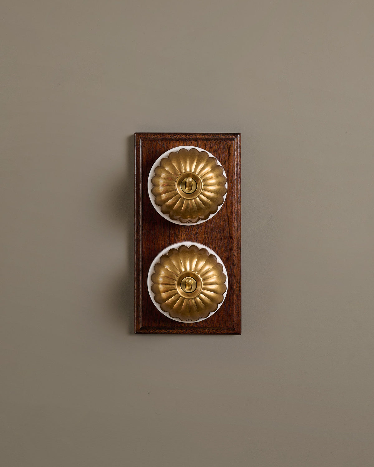 The Jelly Toggle Switch (2 Gang & Mahogany Finish Pattress) - Aged Brass with White Base. TEST
