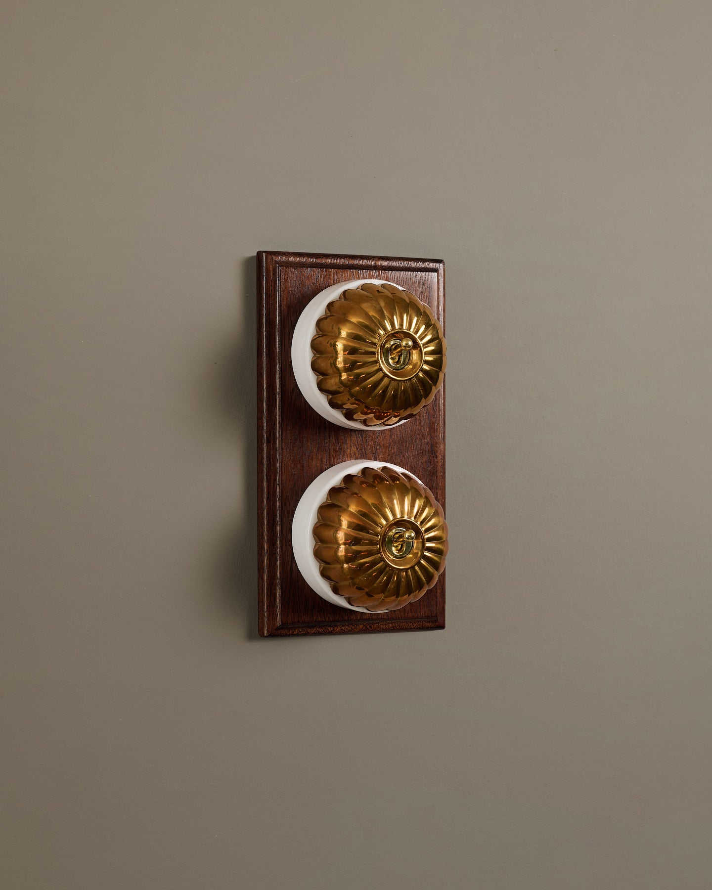The Jelly Toggle Switch (2 Gang & Mahogany Finish Pattress) - Heirloom Brass with White Base.