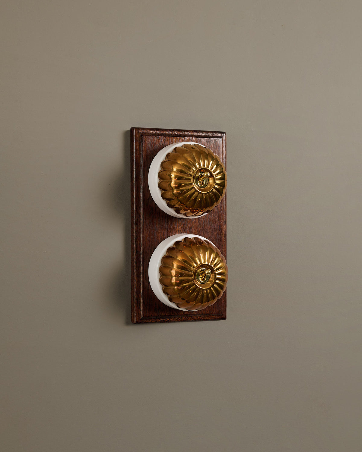 The Jelly Toggle Switch (2 Gang & Mahogany Finish Pattress) - Heirloom Brass with White Base. TEST