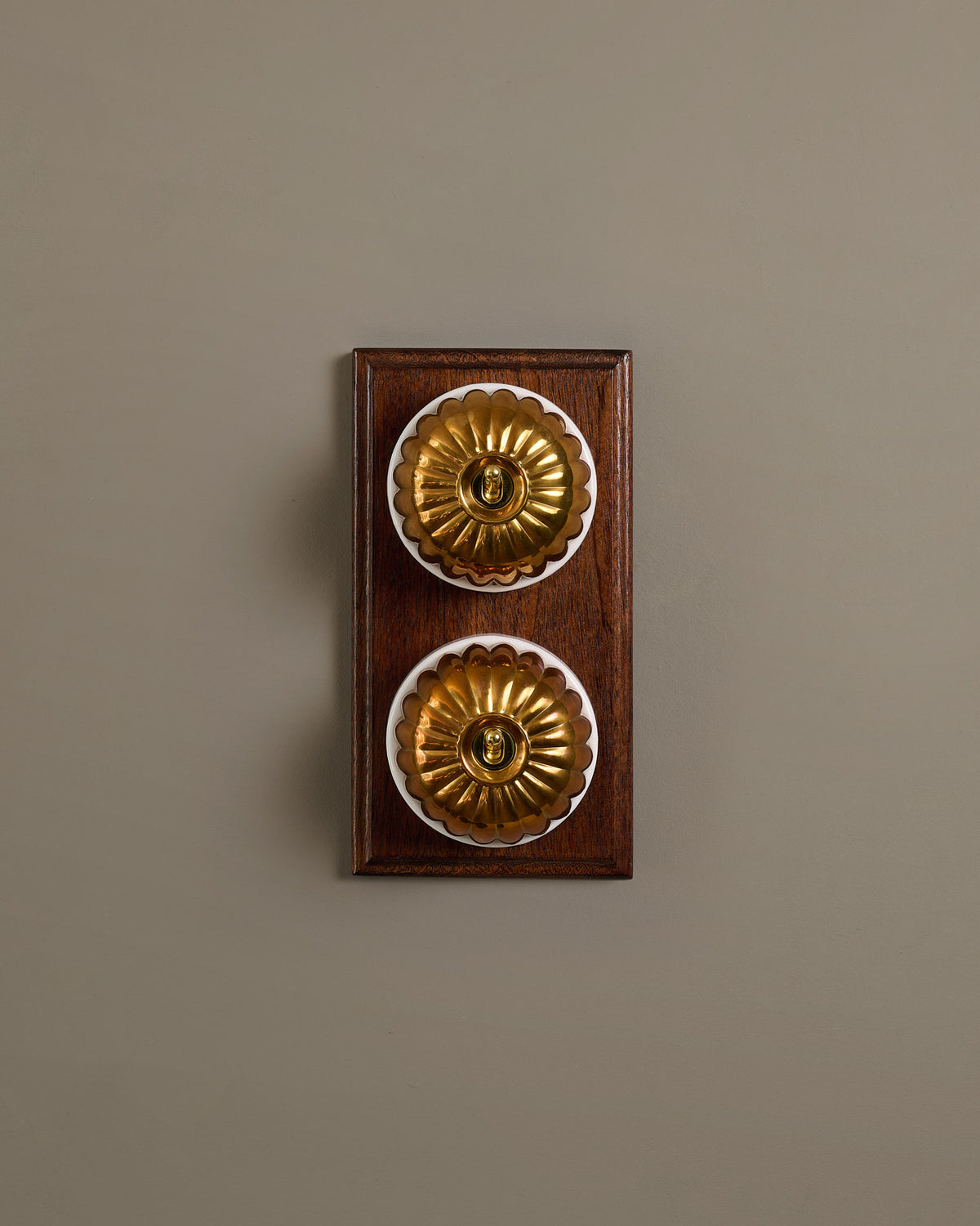The Jelly Toggle Switch (2 Gang & Mahogany Finish Pattress) - Heirloom Brass with White Base. TEST