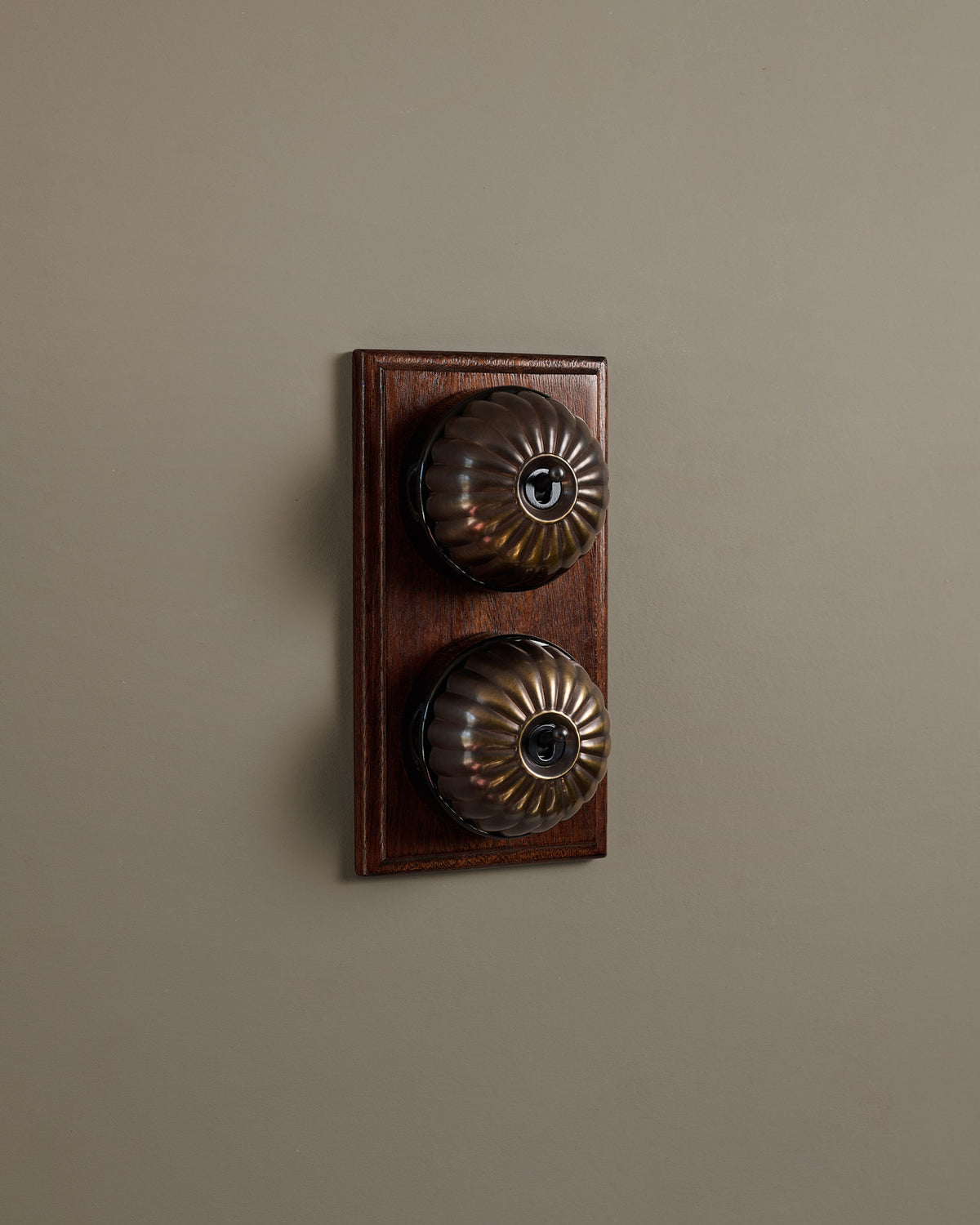 The Jelly Toggle Switch (2 Gang & Mahogany Finish Pattress) - Oxidised Brass with Black Base. TEST