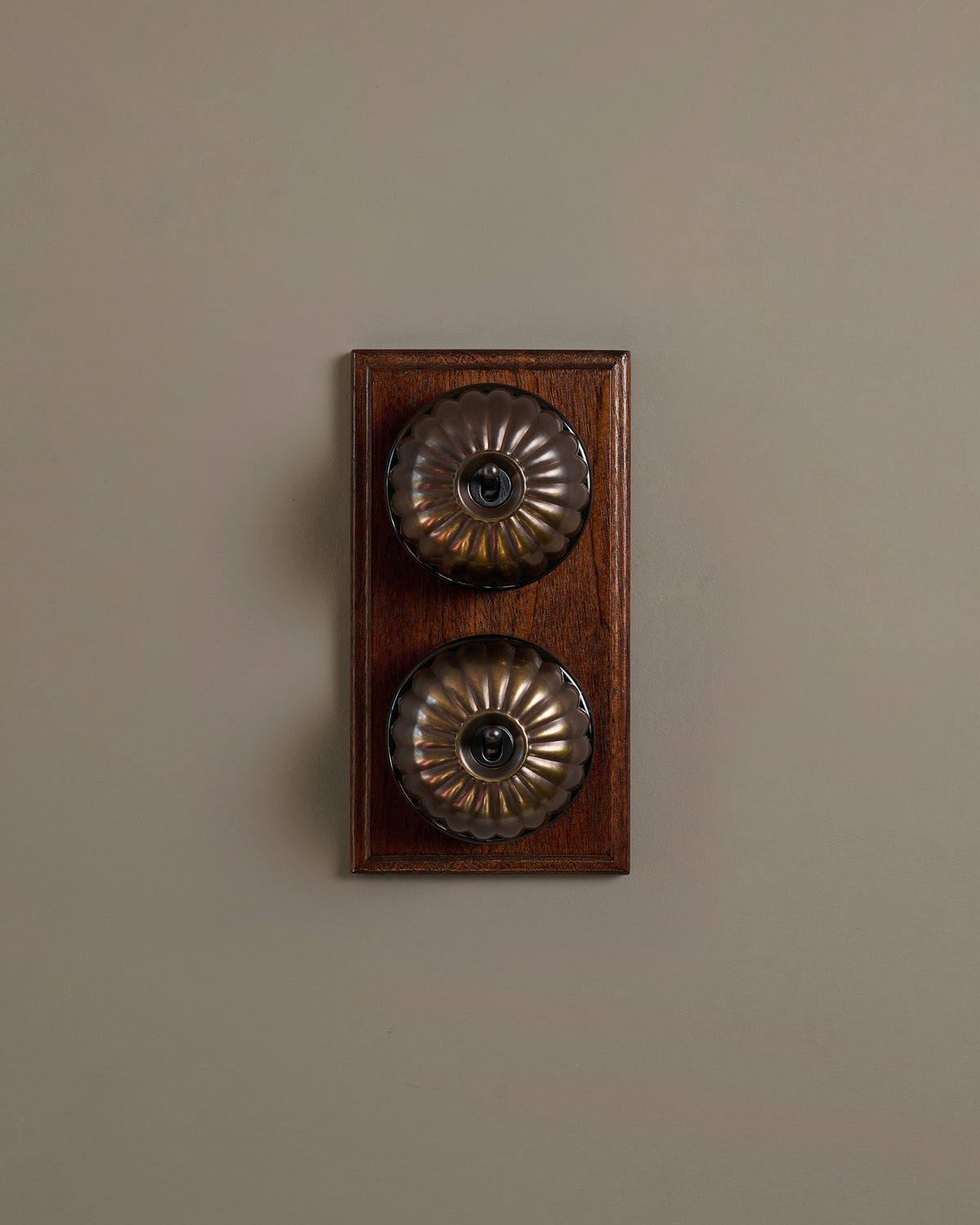 The Jelly Toggle Switch (2 Gang & Mahogany Finish Pattress) - Oxidised Brass with Black Base. TEST