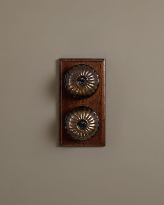 The Jelly Toggle Switch (2 Gang & Mahogany Finish Pattress) - Oxidised Brass with Black Base.