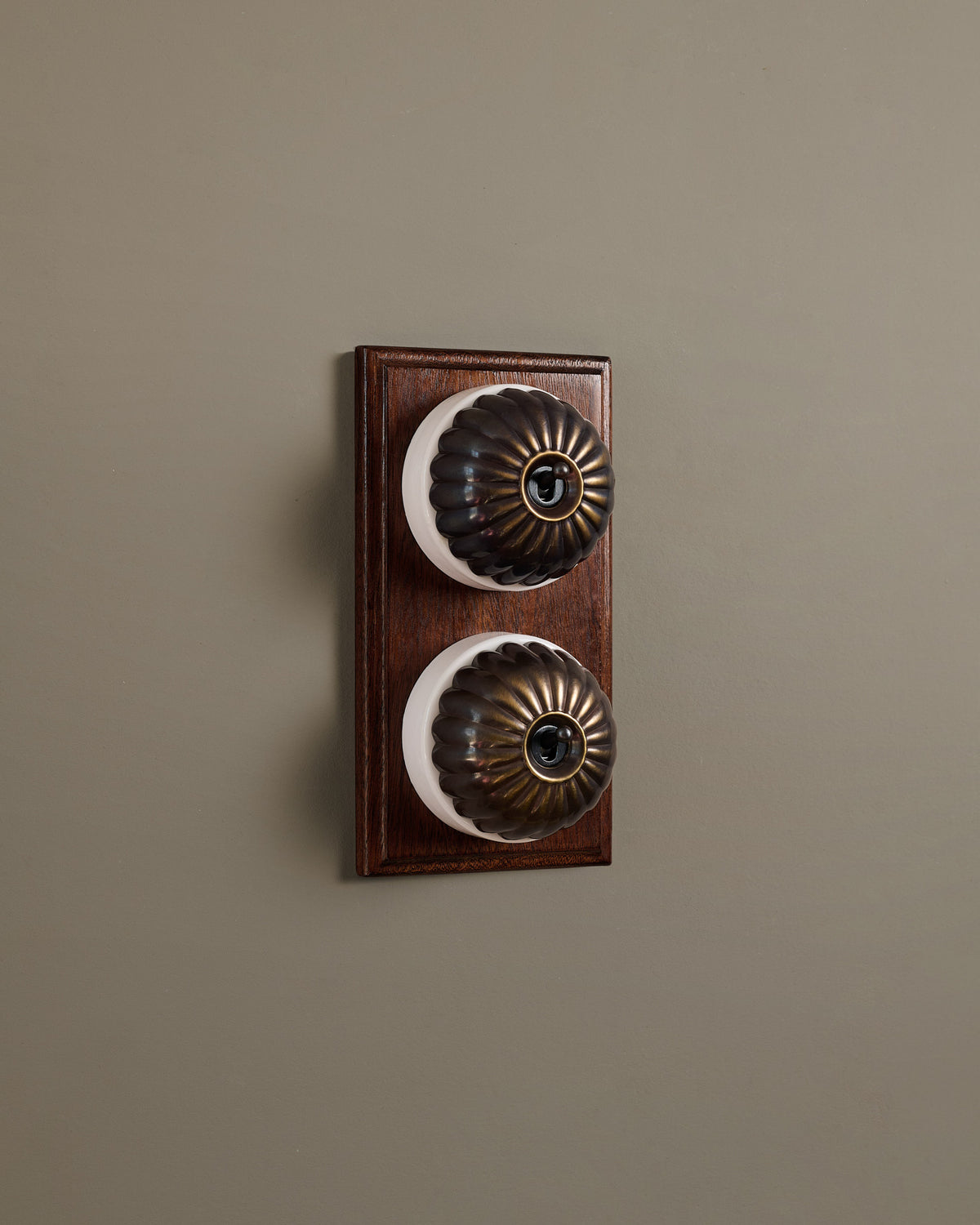 The Jelly Toggle Switch (2 Gang & Mahogany Finish Pattress) - Oxidised Brass with White Base. TEST