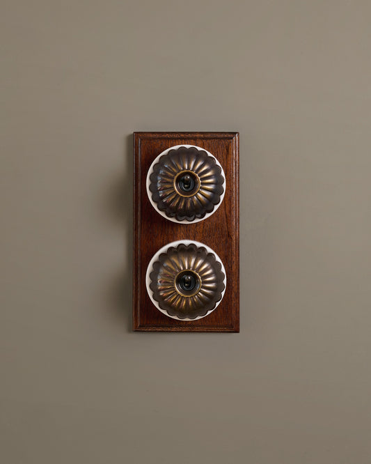 The Jelly Toggle Switch (2 Gang & Mahogany Finish Pattress) - Oxidised Brass with White Base.