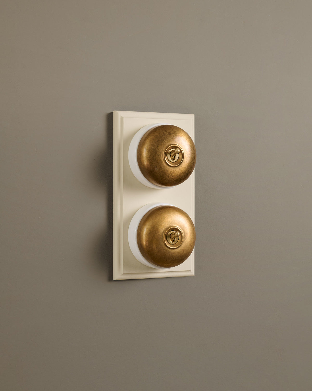 The Dolly Toggle Switch (2 Gang & Primed Maple Pattress) - Aged Brass with White Base. TEST