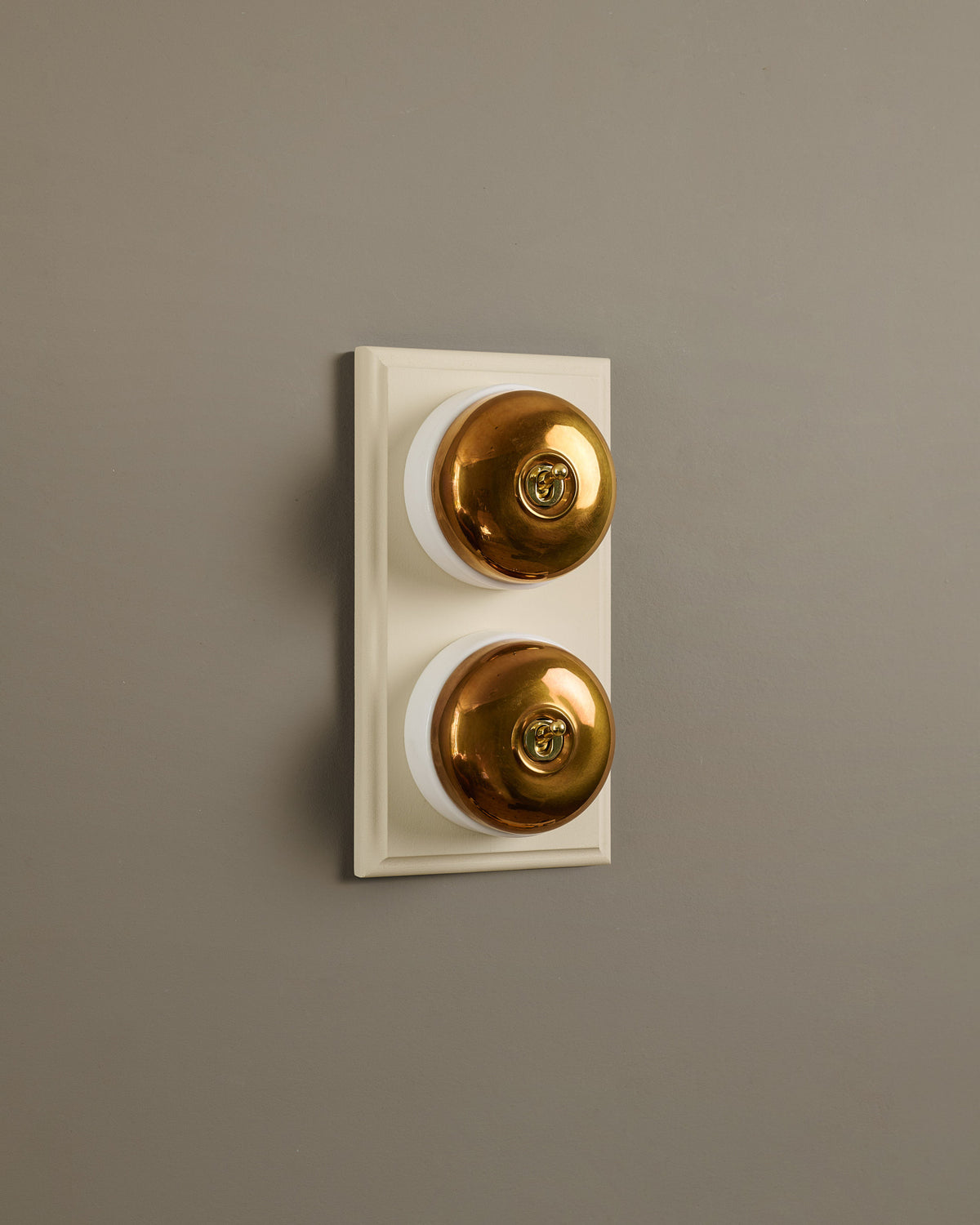 The Dolly Toggle Switch (2 Gang & Primed Maple Pattress) - Heirloom Brass with White Base. TEST