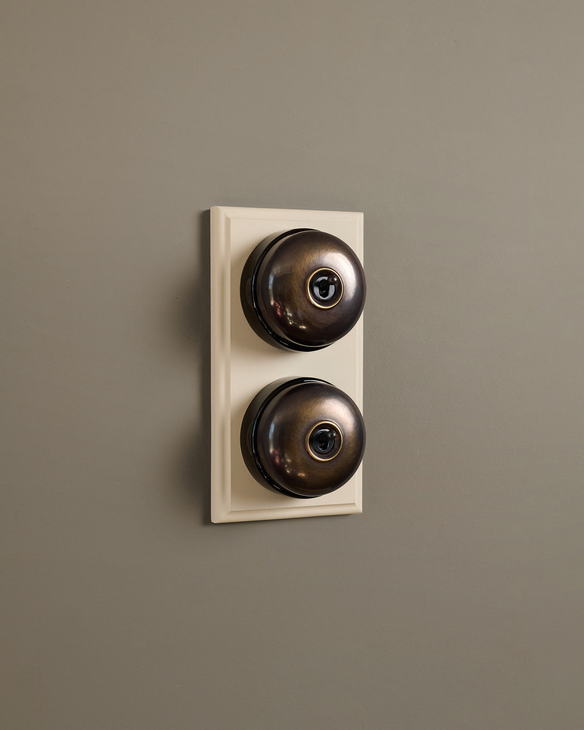 The Dolly Toggle Switch (2 Gang & Primed Maple Pattress) - Oxidised Brass with Black Base. TEST