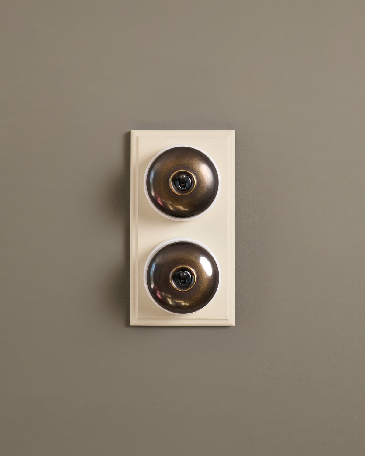 The Dolly Toggle Switch (2 Gang & Primed Maple Pattress) - Oxidised Brass with White Base. TEST