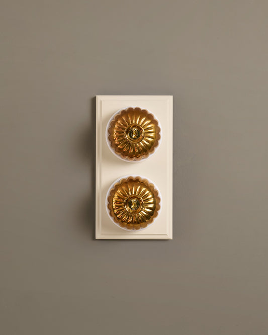 The Jelly Toggle Switch (2 Gang & Primed Maple Pattress) - Heirloom Brass with White Base.
