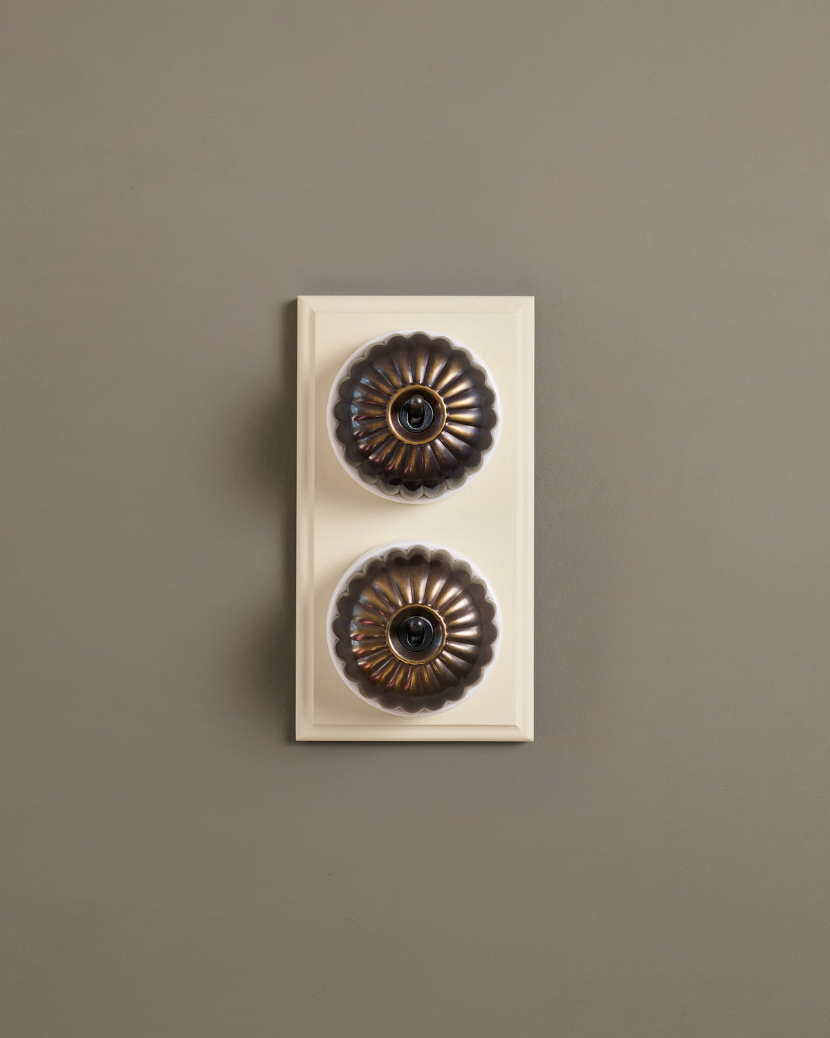 The Jelly Toggle Switch (2 Gang & Primed Maple Pattress) - Oxidised Brass with White Base. TEST