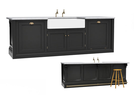 Island with 1000 Belfast sink, dishwasher, double bin, brass foot rail & panelled back