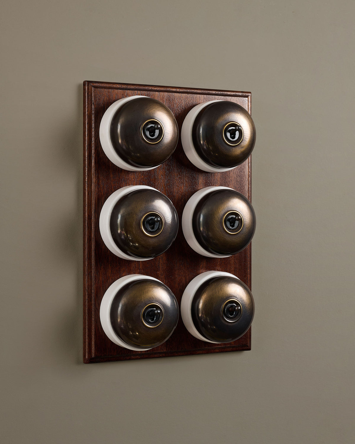The Dolly Toggle Switch (6 Gang & Mahogany Finish Pattress) - Oxidised Brass with White Base. TEST