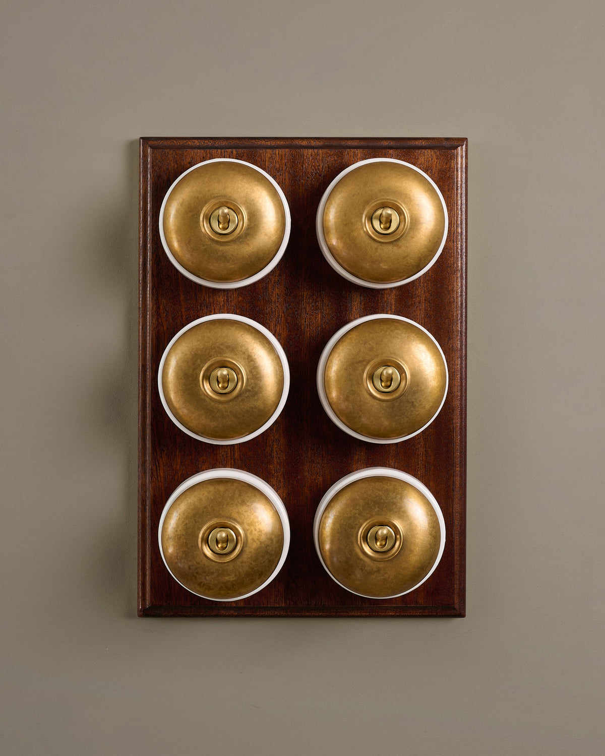 The Dolly Toggle Switch (6 Gang & Mahogany Finish Pattress) - Aged Brass with White Base. TEST