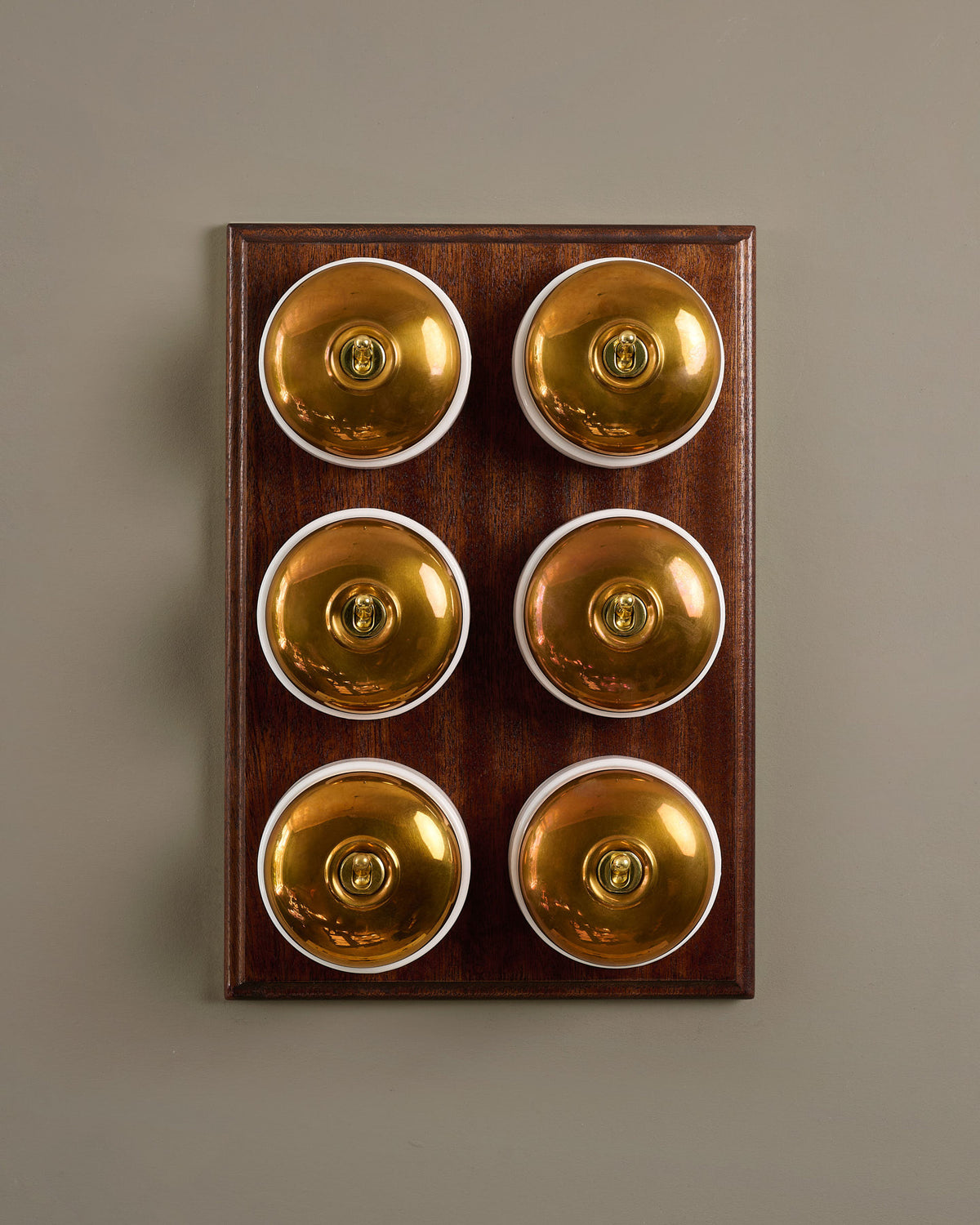 The Dolly Toggle Switch (6 Gang & Mahogany Finish Pattress) - Heirloom Brass with White Base. TEST