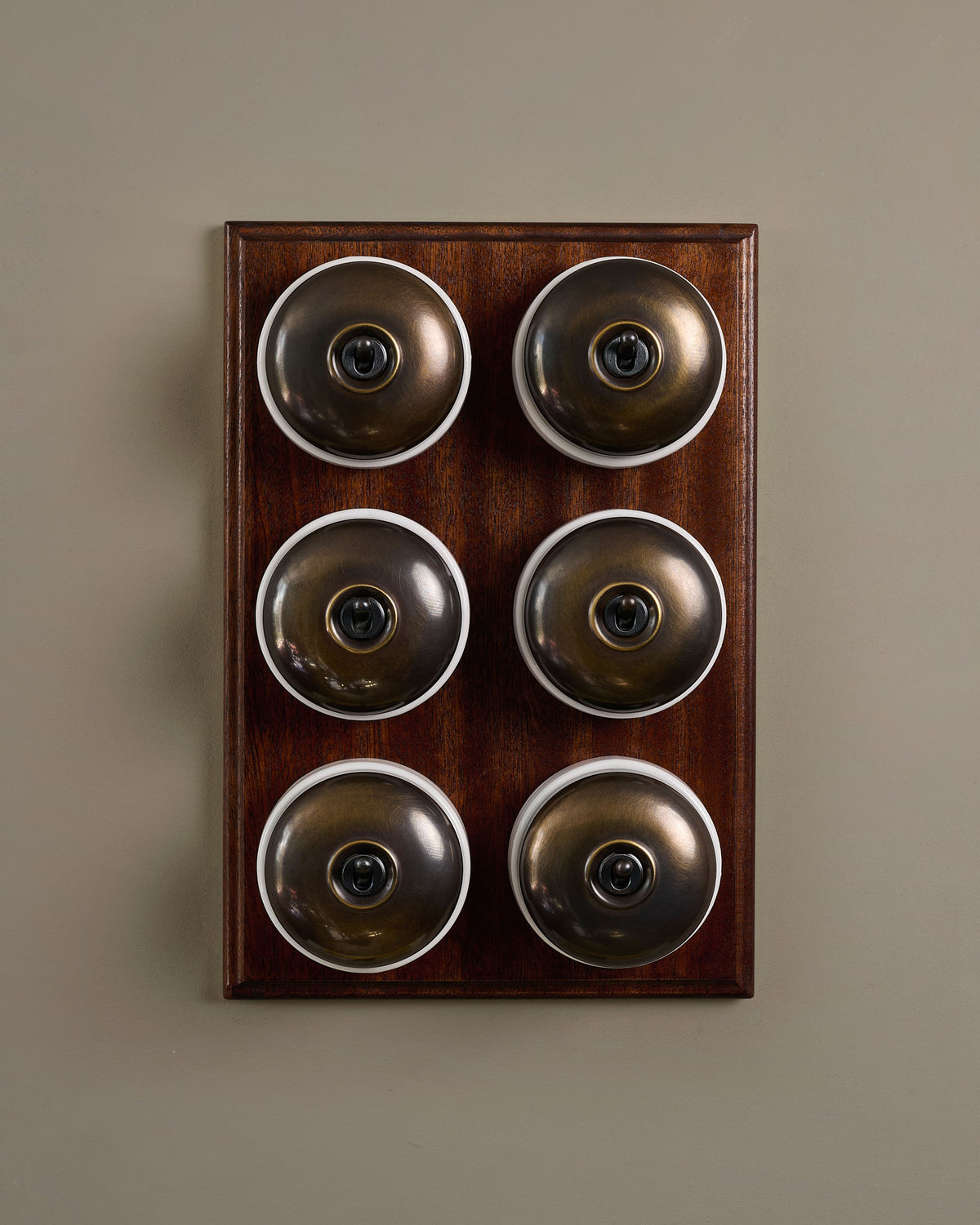 The Dolly Toggle Switch (6 Gang & Mahogany Finish Pattress) - Oxidised Brass with White Base. TEST