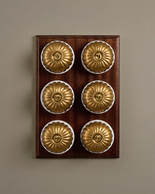The Jelly Toggle Switch (6 Gang & Mahogany Finish Pattress) - Aged Brass with White Base.