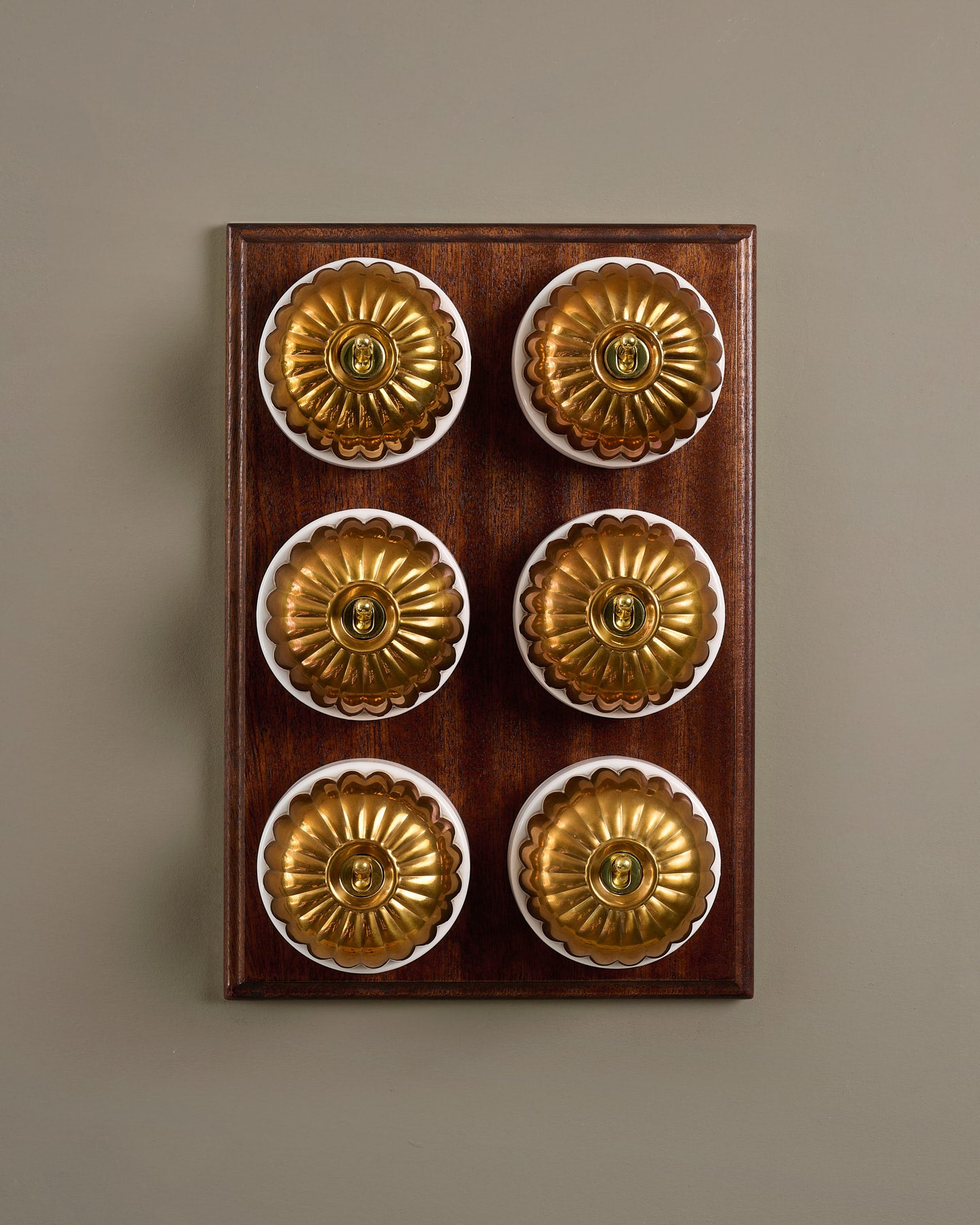 The Jelly Toggle Switch (6 Gang & Mahogany Finish Pattress) - Heirloom Brass with White Base.
