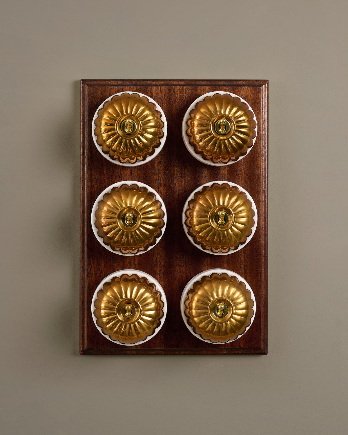The Jelly Toggle Switch (6 Gang & Mahogany Finish Pattress) - Heirloom Brass with White Base. TEST