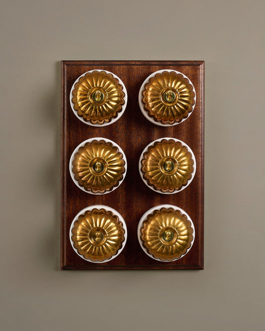 The Jelly Toggle Switch (6 Gang & Mahogany Finish Pattress) - Heirloom Brass with White Base.