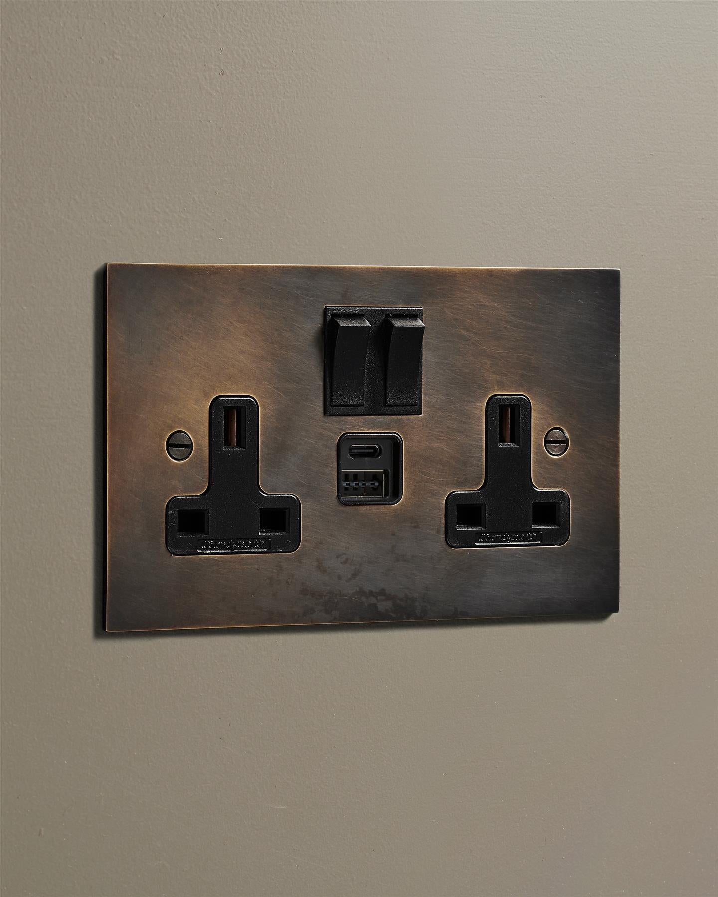 Oxidised Brass Classic 13A Plug Socket - Twin with USB A/C