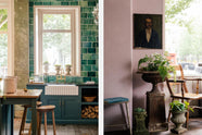 A playful pastel yet classic kitchen features a Clerkenwell blue sink run with a black granite worktop, emerald green splashback tiles, a single fluted Belfast sink, and an aged brass Ionian tap. A long kitchen island with a breakfast nook and deVOL bum stools adds charm. Decorated with chopped firewood, vintage ceramics, and a crystal chandelier, this kitchen has both functionality and personality.