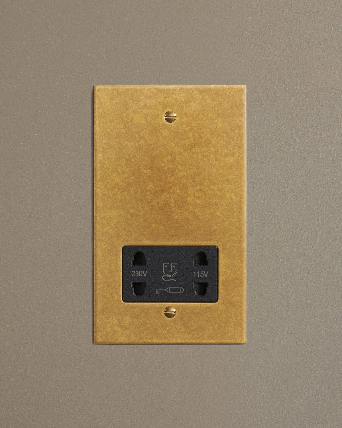 A straight-on view of a classic twin shaver socket in a mottled aged brass finish. TEST