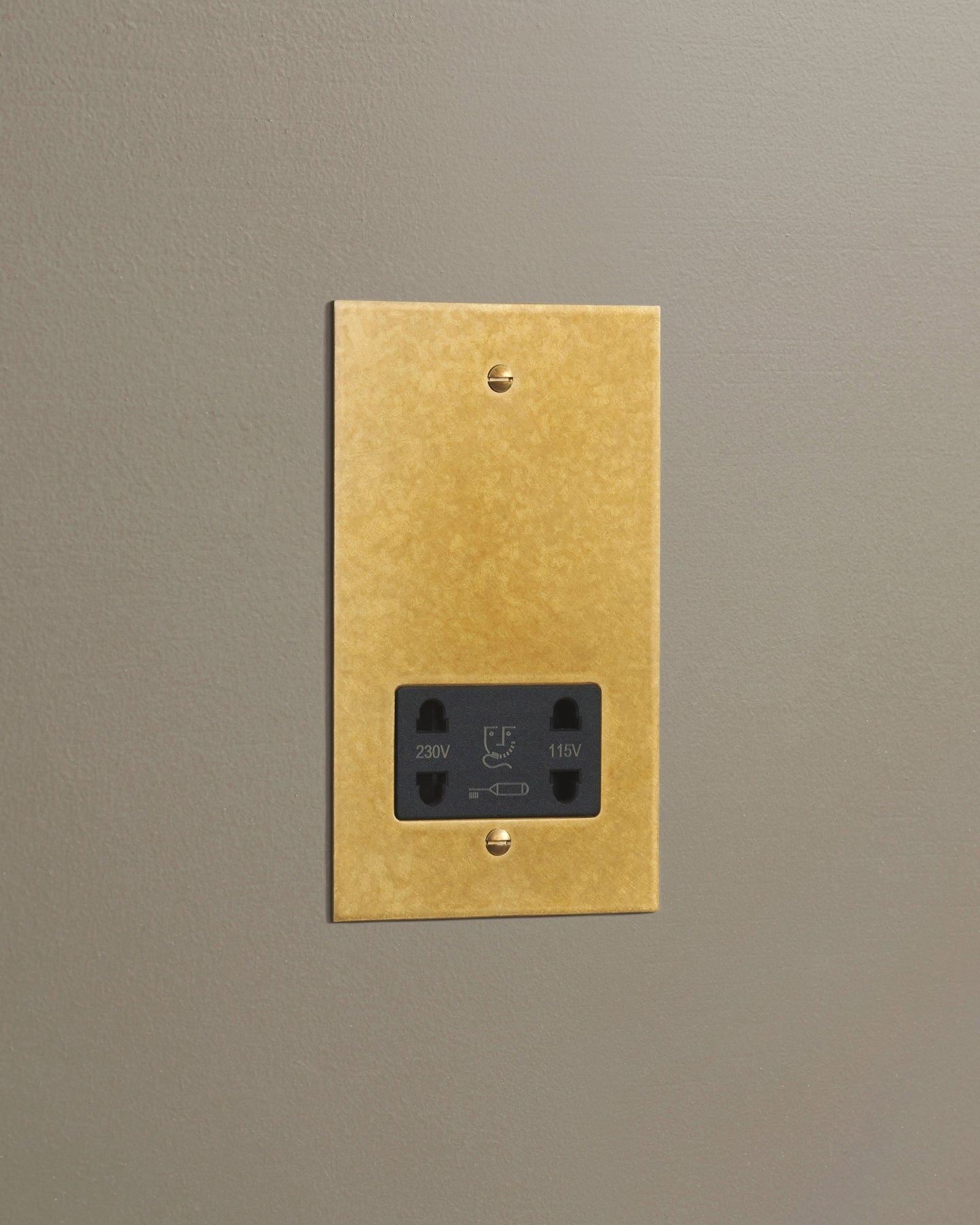 An oblique view of a classic twin shaver socket in a mottled aged brass finish.