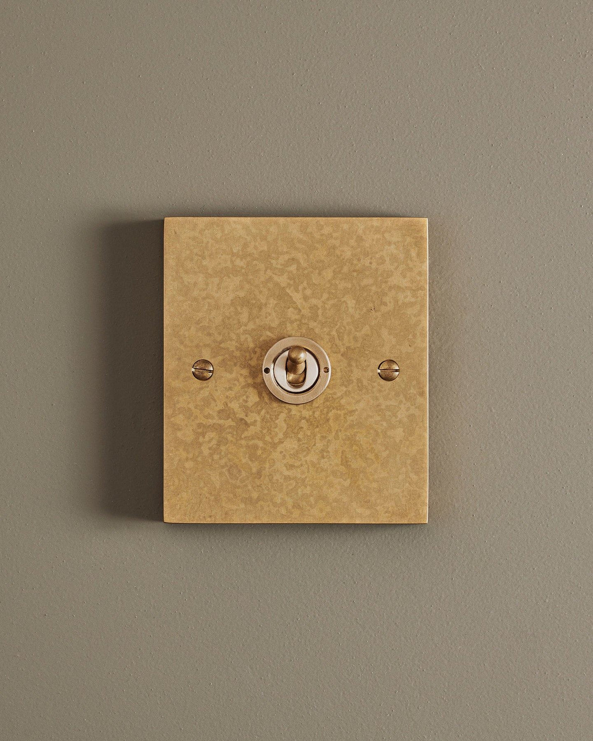 A straight-on view of a 1 gang box toggle switch in a mottled aged brass finish. TEST