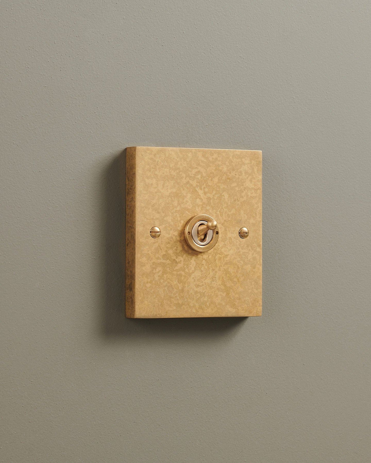 An oblique view of a 1 gang box toggle switch in a mottled aged brass finish. TEST