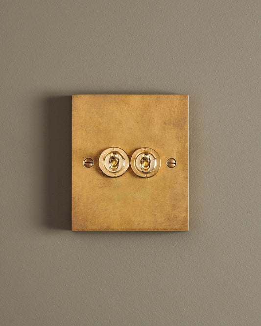 A straight-on view of a 2 gang box toggle switch in a warm burnished brass finish.