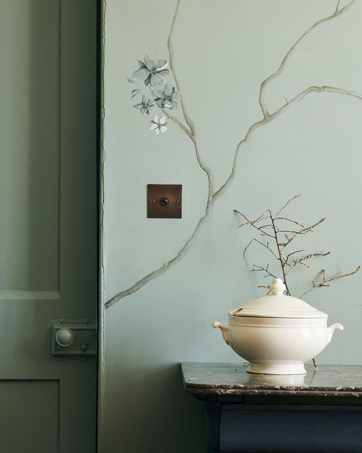 A straight-on view of a 1 gang classic toggle switch in a dark oxidised brass finish on a duck-egg blue wall with a delicate handpainted mural of winding branches and a glossy white pot in the foreground. TEST