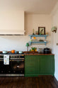 A corner of a bright and humble lime-green kitchen with an L-shaped cooker and sink run topped with aged copper worktops, a shaker shelf with a hanging rail and colourful accents like a bowl of lemons, flowers and plants.